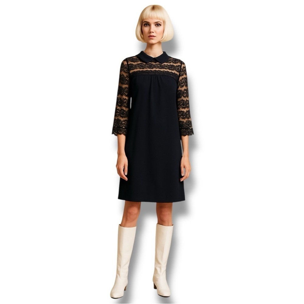 Vintage 60s Dress Mod Black Lace Shift Union Made Joyce Palmer Midi Size Medium‎